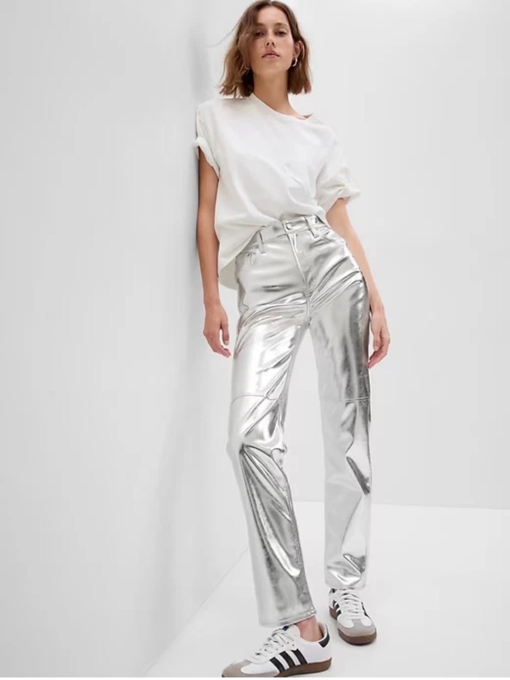 GAP Women’s Cheeky High Rise Metallic Silver Straight-Leg Pants 10 Tall NWT